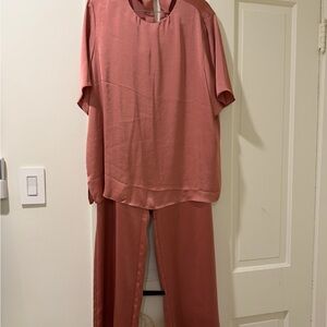 Mango Silky Two-Piece Top and Pant Set in Dusty Rose